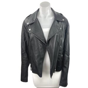 Forever 21 Black Faux Leather Asymmetric Zip Up Motorcycle Rider Jacket Size L